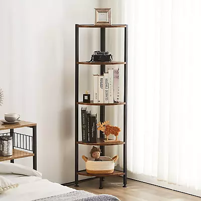 5 Tier Corner Shelf Industrial Bookshelf Bookcase Rustic Brown Storage Rack  • $86.65