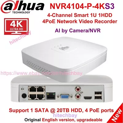 Dahua NVR4104-P-4KS3 4CH 4PoE 1SATA 4K AI NVR 12MP IP Video Recorder H.265+ SMD+ • $158.83