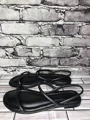 J. Crew Black Leather Casual Slingback Comfort Flats Sandals Women Sz 9US/40EU • $29.59