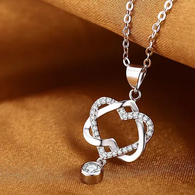 Women Silver Double Heart Zircon Crystal Pendant Chain Necklace Jewelry Gift • $0.79