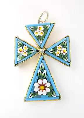 Vintage Micro Mosaic Glass Maltese Cross Pendant Signed ITALY • $26.98