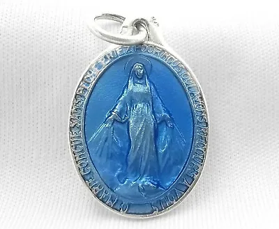 Miraculous Medal Mary French Catholic Antique Blue Enamel 925 Sterling Silver * • $33.99