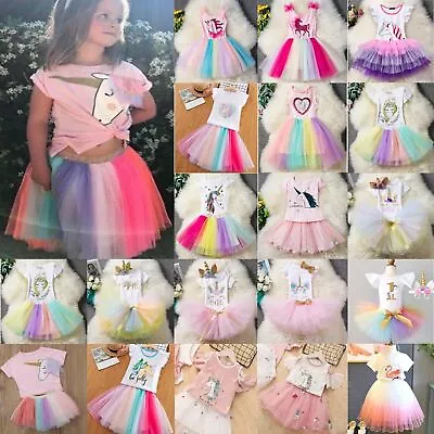 $20.61 • Buy Unicorn Princess Dress Kids Girl Rainbow Birthday Party T Shirt Tulle Tutu Skirt
