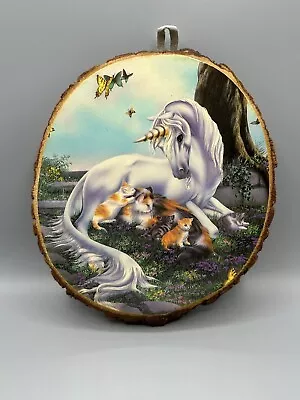 Unicorn With Kittens Vintage Paper & Wood Fantasy Art Tree Bark Wall Plaque • $22.74