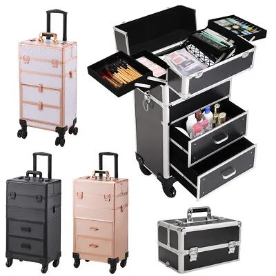 Rolling 4 In 1 Makeup Trolley Beauty Trolley Case W/Drawers Hairdressing Case • £79.95