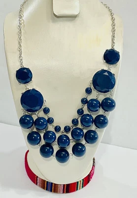 $9 • Buy Vintage LIZ CLAIBORNE Layered Blue Bubble Bead 25” Silver Tone Necklace