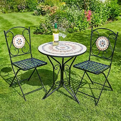 Bistro Table Set Brown Beige Mosaic 2 Chairs Outdoor Furniture Garden Furniture • £139.99