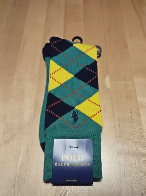 Mens Polo Ralph Lauren Green Yellow Navy Argyle Dress Socks (6-12.5) • $12.95