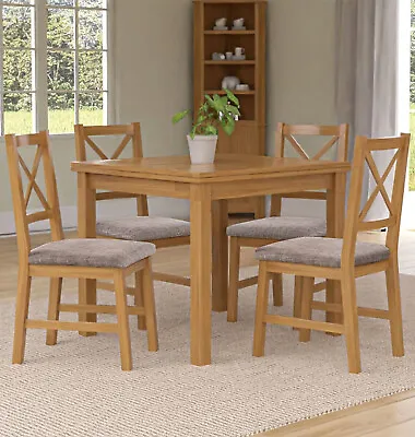 Small Extending Table With 4 Cross Back Oak Chairs With Grey Fabric Seats • £579.99