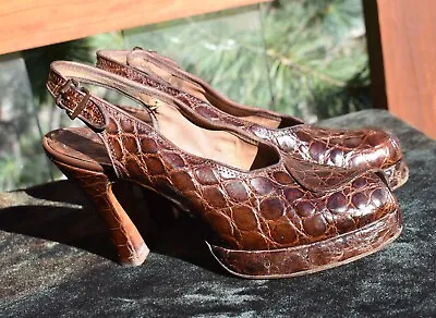 Vtg 40's Alligator Peep Toe Sling Back Platform Pin Up High Heel Dress Shoes 6 • $102.75