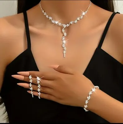 Costume Jewellery Set Rhinestone Crystal Necklace Bracelet Drop Dangle Earring • £8.99