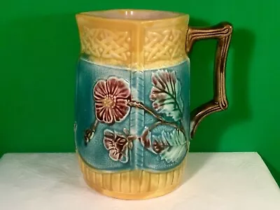 Antique Majolica Pitcher English Square Top Round Bottom Floral 4 Sided • $50