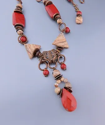 Red And Brown Jasper Beaded Necklace On Antiqued Vintaj Brass Chain • $46