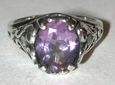 KABANA Sterling Silver Filigree Vintage Solitaire Purple Amethyst Ring Size 8 • $22