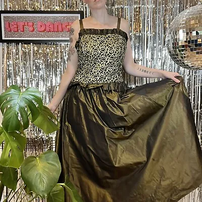 Vintage 80s 90s Ball Gown Long Maxi Prom Dress Olive Gold Size 14 Evening Life • £30