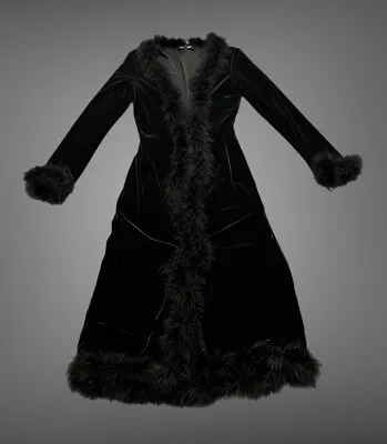 Vintage 90’s Betsey Johnson Velvet Duster Cardigan Coat Feather Trim Full Length • $275