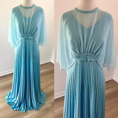 Vintage 70s Pleated Maxi Dress Sheer Chiffon Cape Blue Hostess Dress 34” Bust • $56.24