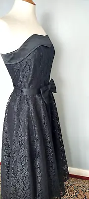 Vintage 80s Does 50s BLACK LACE BALL GOWN Bow Belt Goth Party Long Full Skirt XS • £28