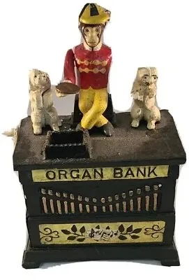 Vintage Cast Iron Barrel Organ Monkey Dog Mechanical Coin Bank Arm Missing Works • $69.95