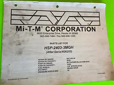 Mi-T-M HSP-2403-3MGH (After Serial#27203) Pressure Washers Parts List • $19.99