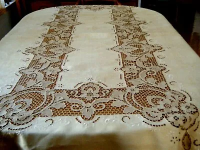 Italian Point Venise Linen Tablecloth Hand Needle Lace W Floral Embroidery Tan  • $255.99