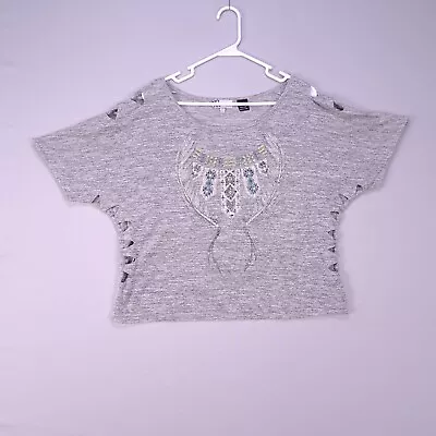 Miss Me Crop Shirt Womens Large Heathered Gray Graphic Rhinestones Short Sleeve • $8.99