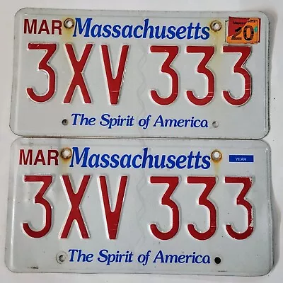 MASSACHUSETTS  License Plate Pair 🔥FREE SHIPPING🔥3XV 333 ~ TRIPLE REPEATING 3s • $24.99