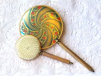 Vintage Handheld Vanity Mirror & Brush Dresser Set Brass Gold Tone Floral Design • $29