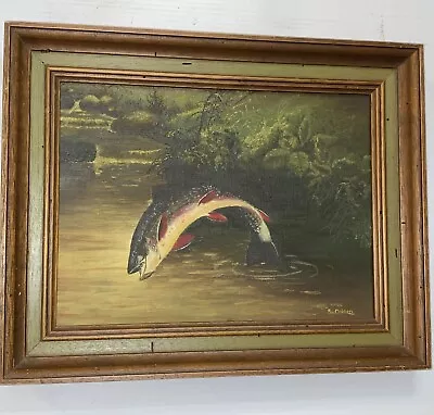 Vintage Oil Painting  Of Fish Rainbow Trout Surfacing Signed S. Odom Wood Framed • $99