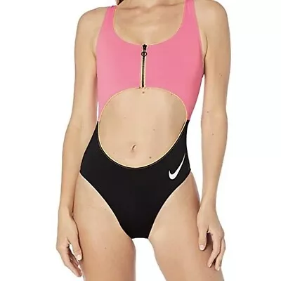 Nike Cut Out Swimsuit One Piece Pink And Black Size 10 M Zip Up • £18