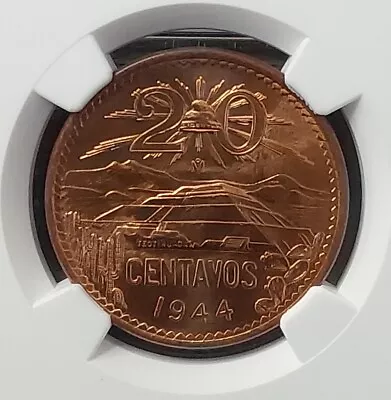 1944 Mo MEXICO 20 CENTAVOS SILVER 20 CENTS NGC MS 66 RD • $350