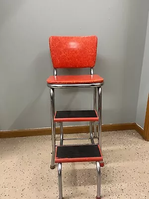 Vintage Red Mcm Mid Century Modern Chrome & Vinyl Kitchen Step Chair • $200