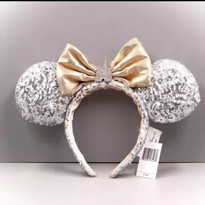 Disney Parks Castle Jewel Silver Minnie Ears Bow Limited Party Sequins Headband • $16.99