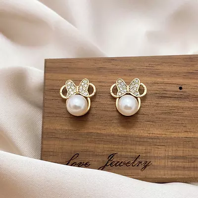 Women's Fashion Jewelry Gold Pearl Mickey Mouse Stud Earrings 457 • $11.66