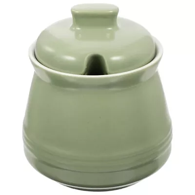 Green Ceramic Salt Jar With Spoon And Lid For Kitchen Counter • £19.15