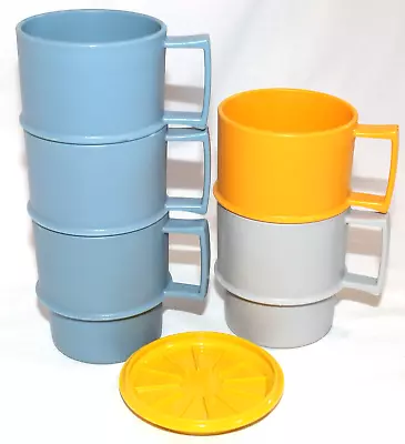 Lot Of 5 Tupperware  Stackable Coffee Multi Mugs Blue Grey & Yellow + 1 Lid • $10.99