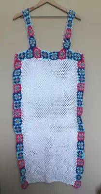 Vintage Handmade Crochet Dress Cover Up Granny Square Blue Pink Womens Medium • $24.99