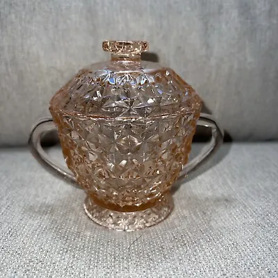 Vntg Jeannette Glass Holiday Buttons & Bows Footed Pink Lidded Sugar Dish • $19.99