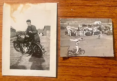 2 Vintage Photos Man Indian Motorcycle Dog Motorcycle Show Acrobatics 1930s • $10