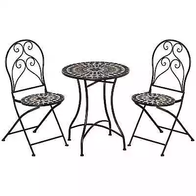 Mosaic Style Garden Bistro Set Outdoor Patio Foldable Chair Dining Table Black • £147.59