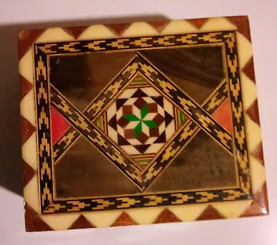 Vintage Spanish Moorish Marquetry Mosaic Wooden Trinket Box With Hinges 4 X3 X2  • $20