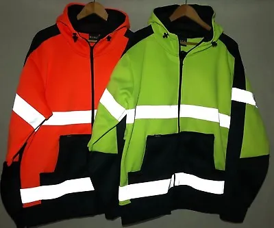 Hi Vis Fleece Full Zip Hoodie Safety Work Jumper Jacket With Reflective Tape  • $26.95