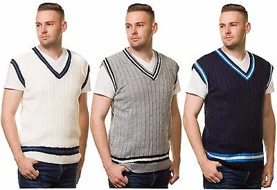 Mens Cricket Jumper V Neck Sleeveless Casual Wear Cable Knitted Tank Top S To XL • £10.99