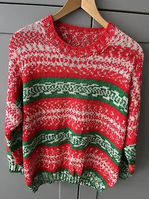 Hand Knitted Red Green White Fair Isle Jumper & Hat Size Large Classic Winter • £4.50