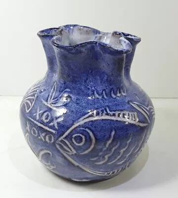 Vintage Art Pottery Signed By Artist Blue Fish Vase Ruffled XOXO 4  Tall • $22