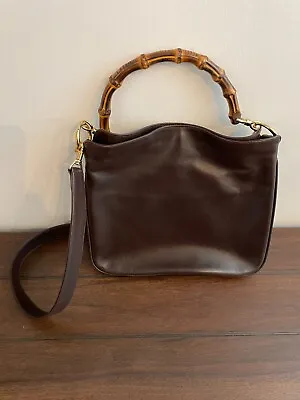 Vintage Gucci Dark Brown Leather Shoulder Bag Hand Bag Bamboo Line !nice Shape! • $178.11