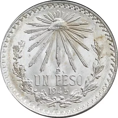Mexico 1 Pesos 1945 Cap And Rays .720 Silver BU. KM# 455. • $30