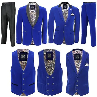 Mens Blue Velvet Vintage 3 Piece Suit Tuxedo Blazer Coat Waistcoat Black Trouser • £44.99