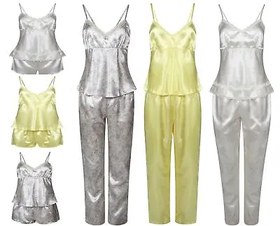 £7.99 • Buy Ladies Satin Pyjama Set 3 Piece Set Lace Vest Shorts Pants Womens PJs Nightwear
