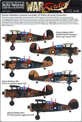 Kits World Decals 1/72 GLOSTER GLADIATOR COCADES LETTERS & CHARACTERS Camouflage • $14.99